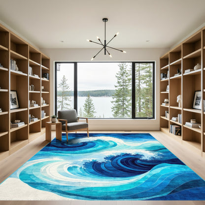 Dynamic Navy Crashing Waves Rug