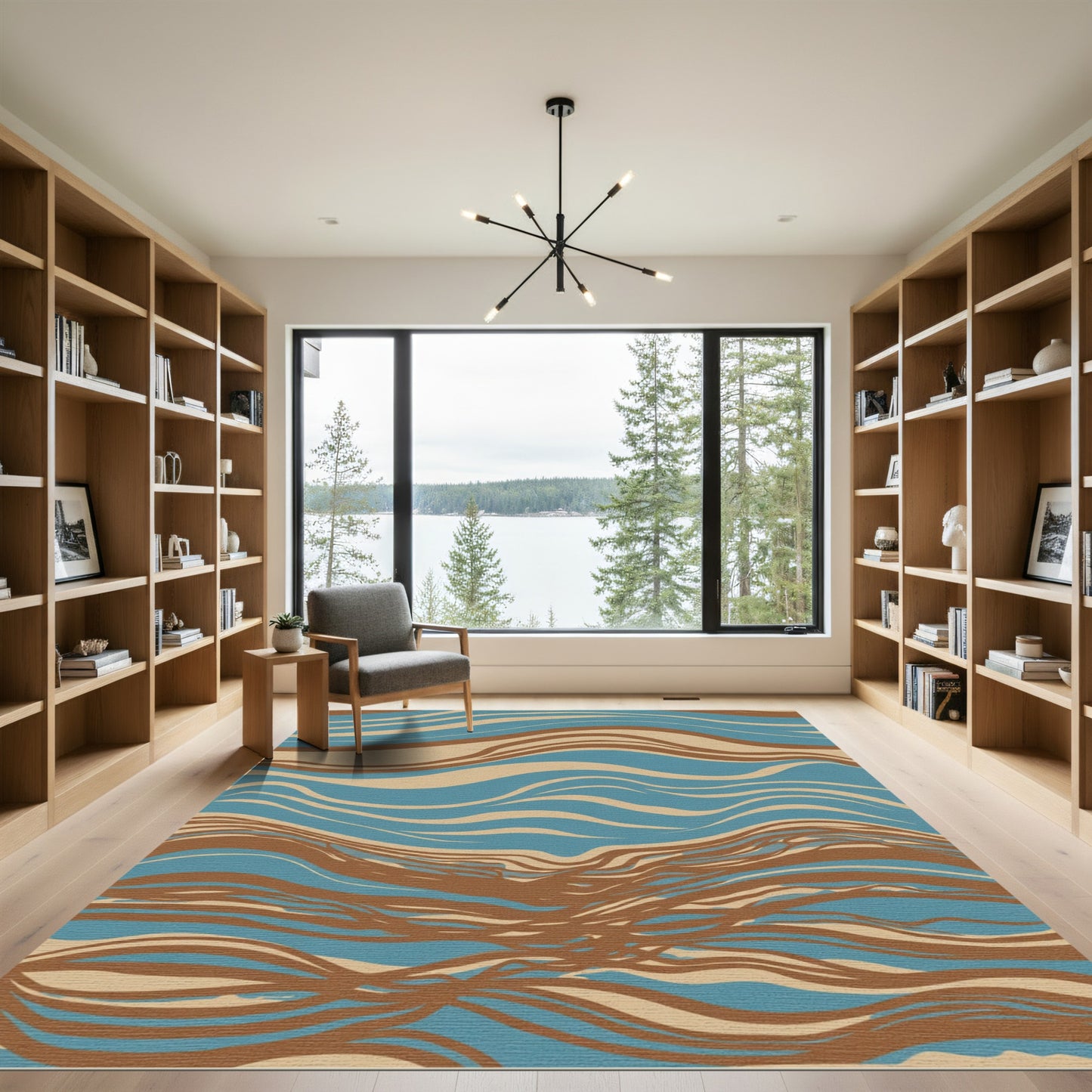 Brown Blue Flowing Waves Rug