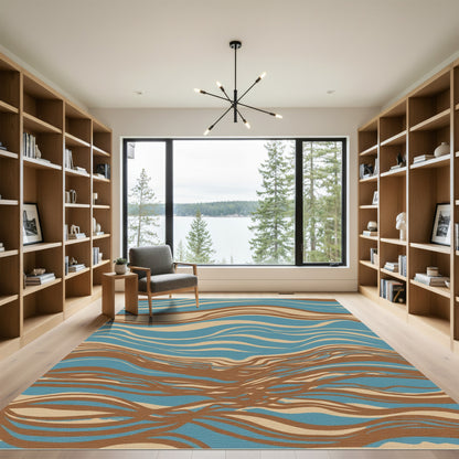 Brown Blue Flowing Waves Rug