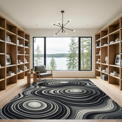 Black White Swirling Topographic Rug
