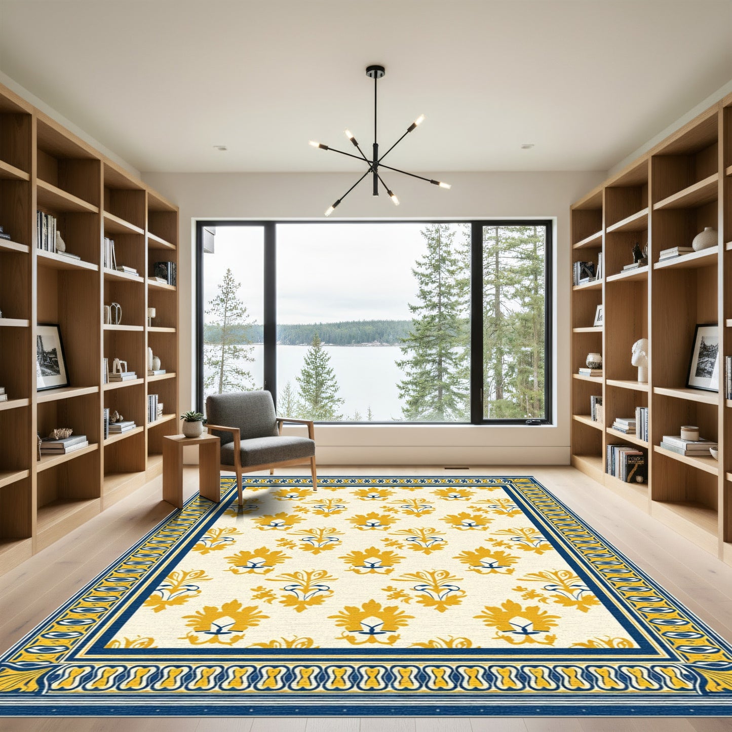 Yellow Blue Floral Damask Border Rug