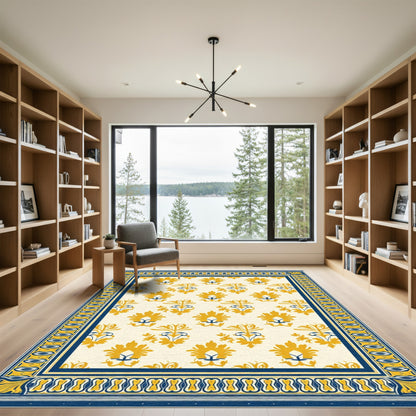 Yellow Blue Floral Damask Border Rug