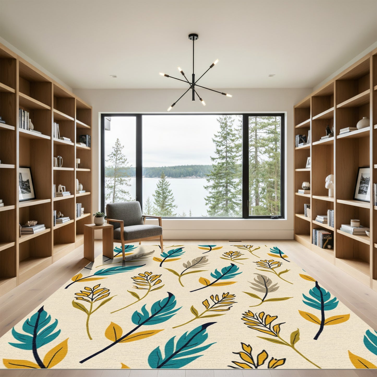 Teal Gold Feather Botanical Composition Rug