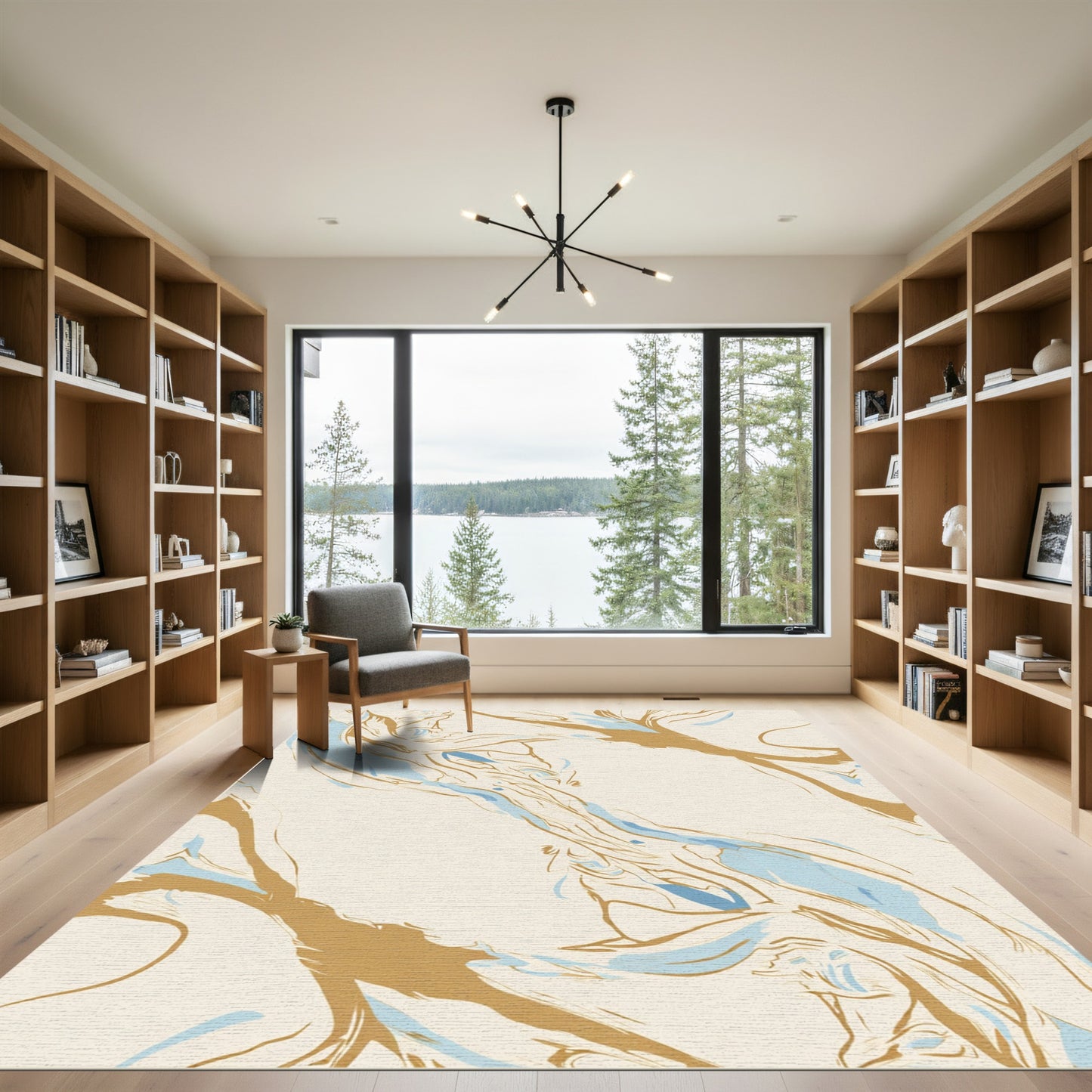 Abstract Gold Blue Flowing Waves Rug