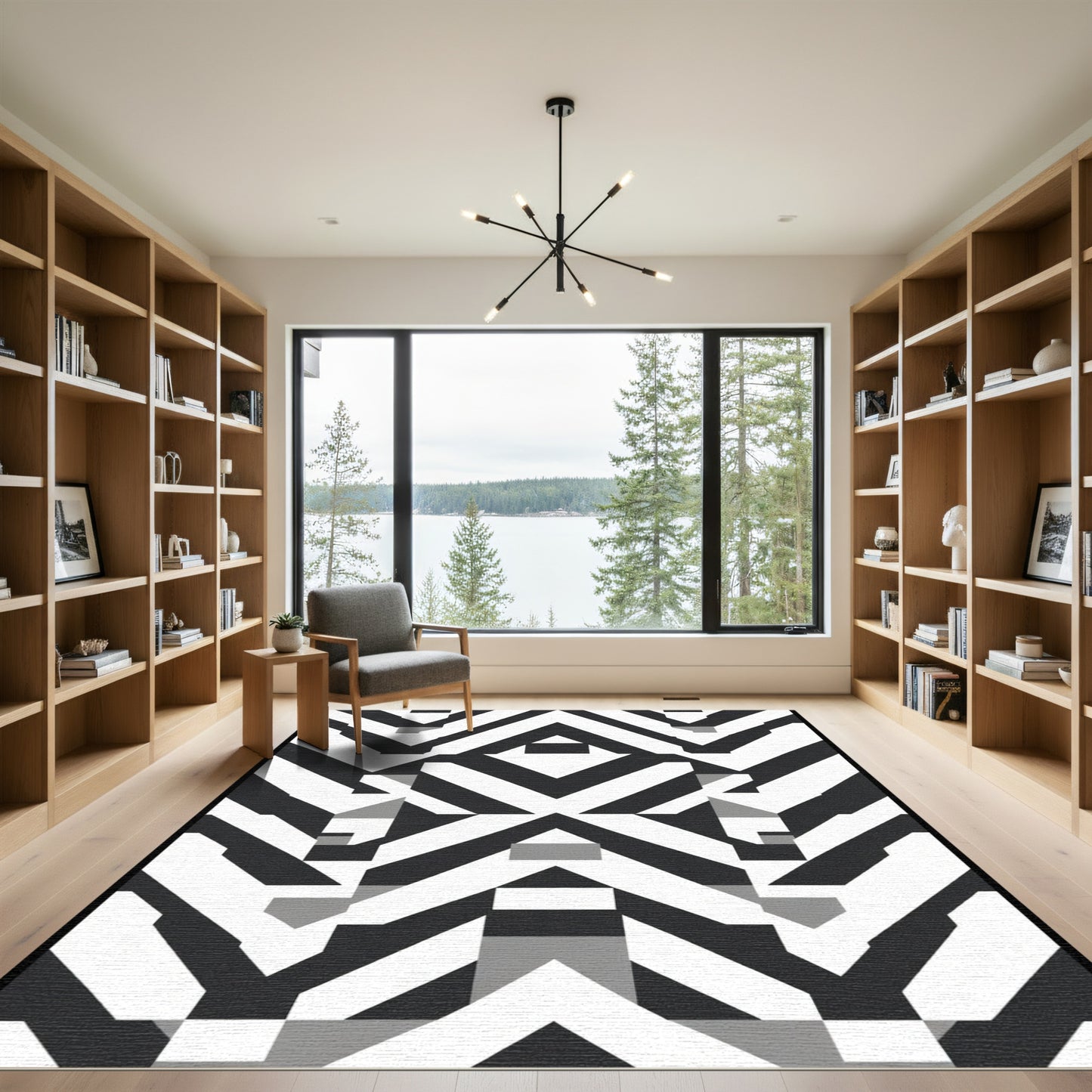 Bold Black White Geometric Chevron Rug