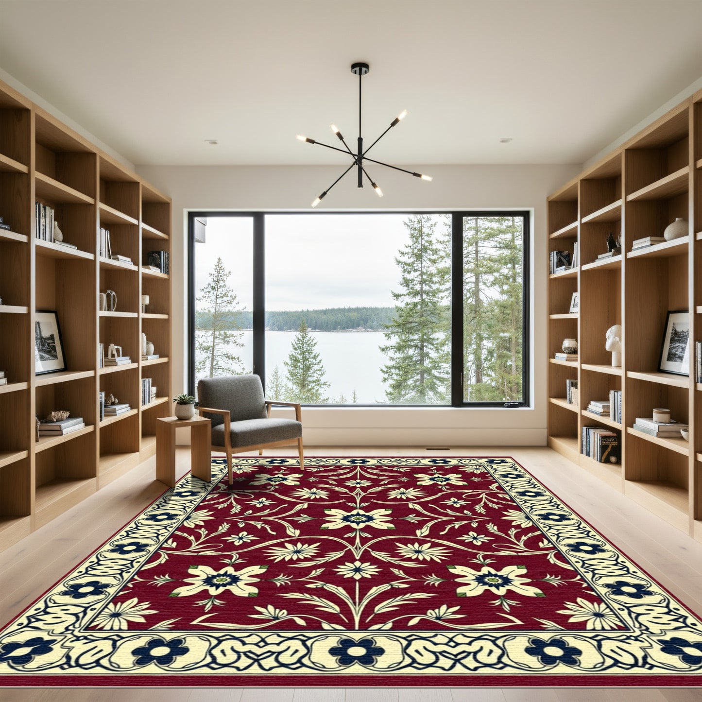 Crimson Bloom Vine Scroll Border Rug