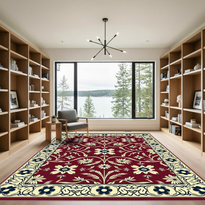Crimson Bloom Vine Scroll Border Rug