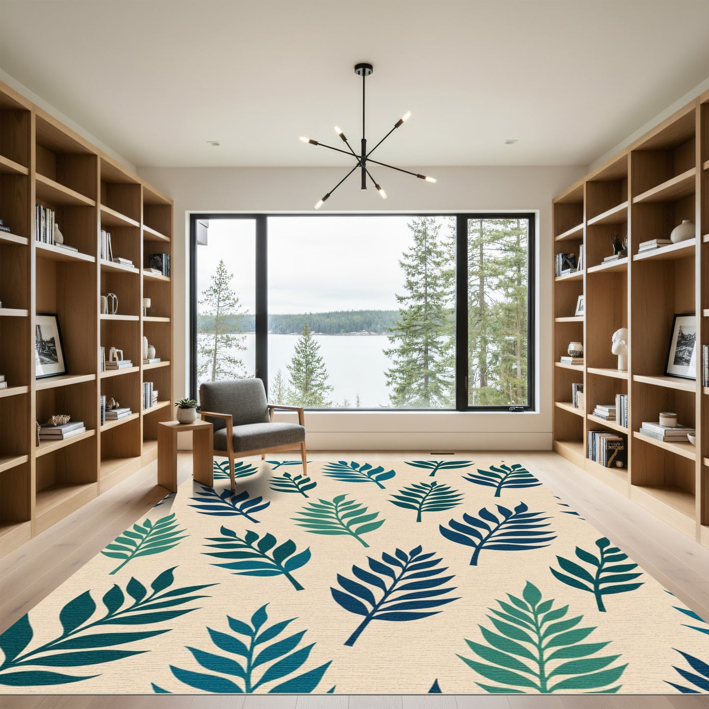 Teal Leafy Branch Pattern Rug