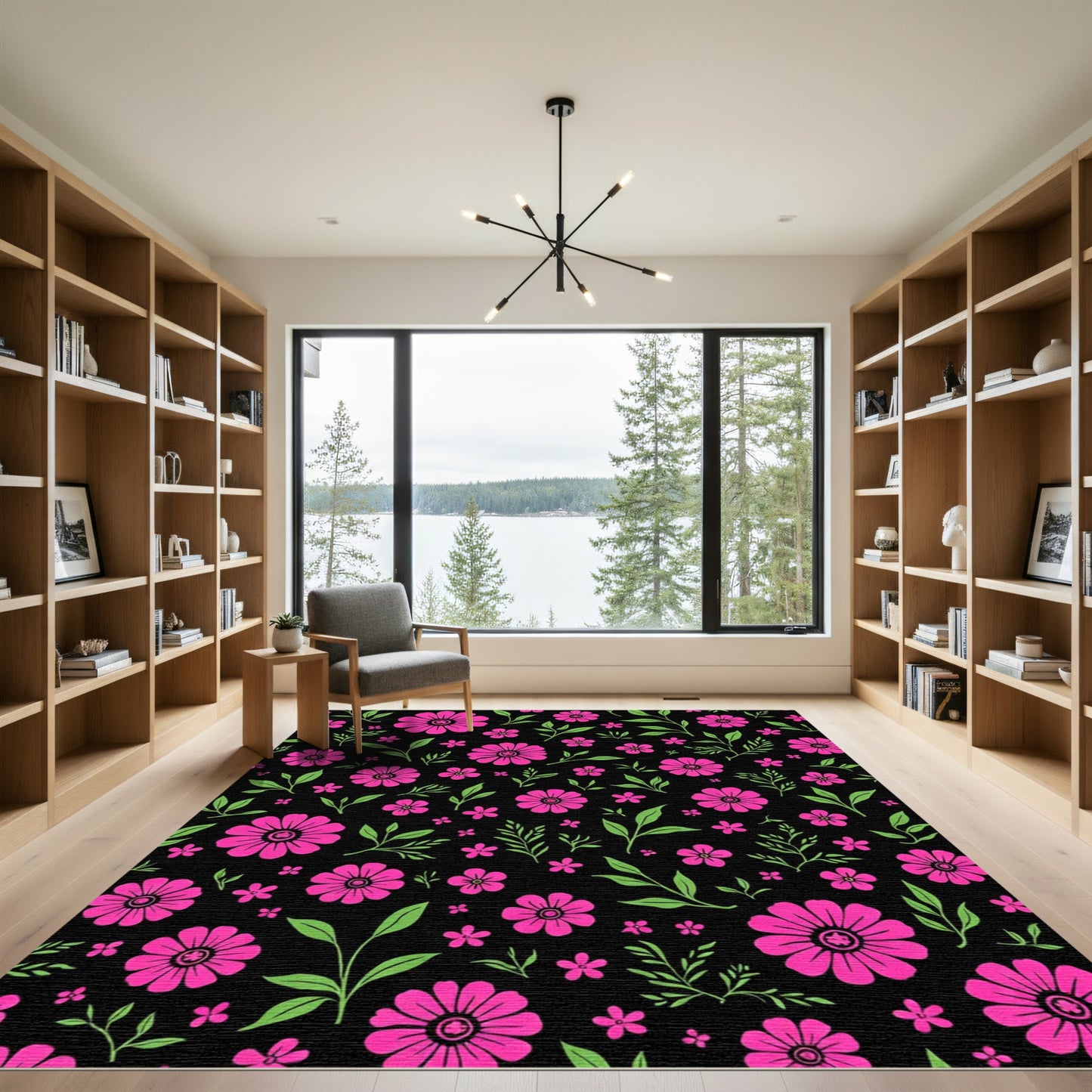 Hot Pink Floral Garden Print Rug