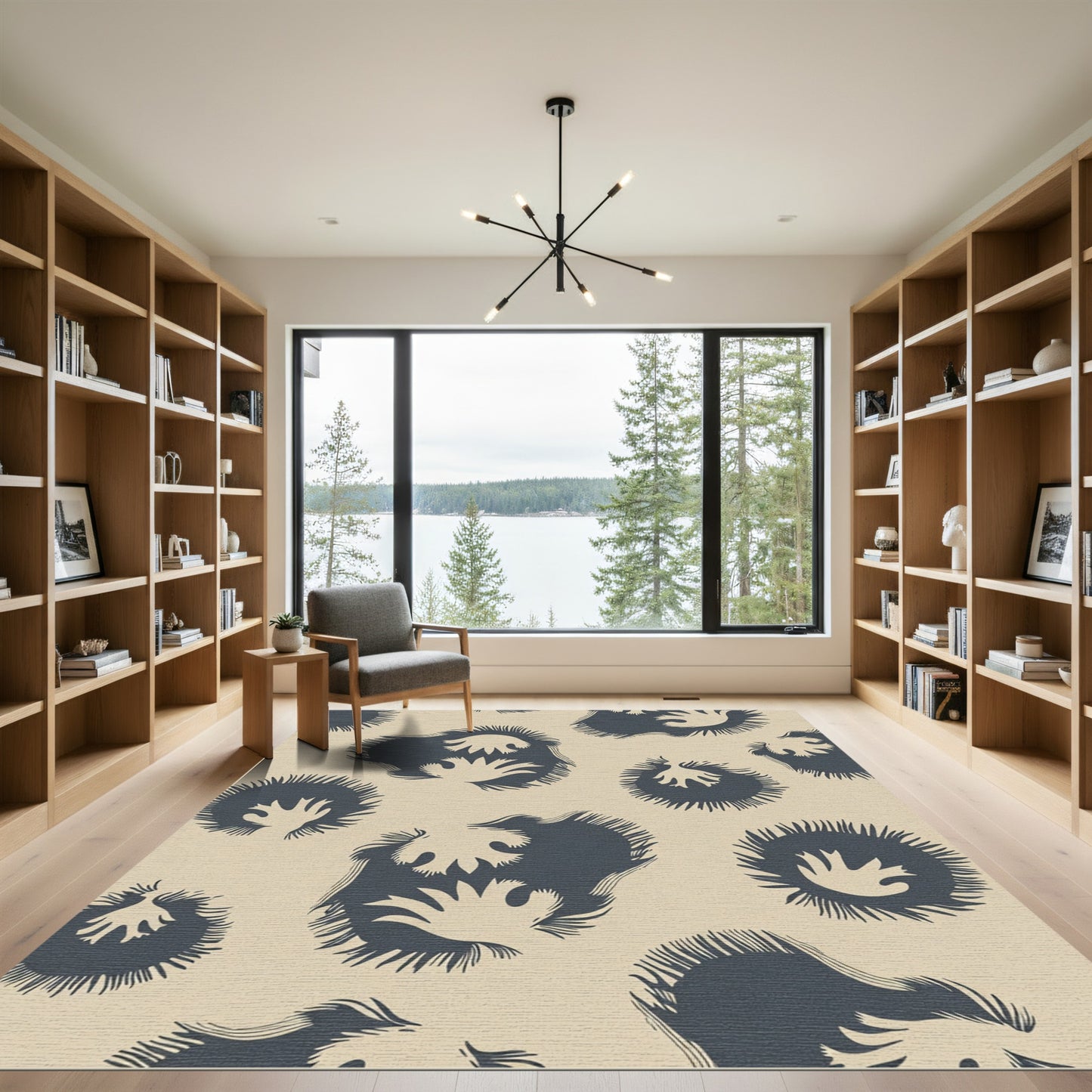 Deep Blue Abstract Fern Swirl Rug
