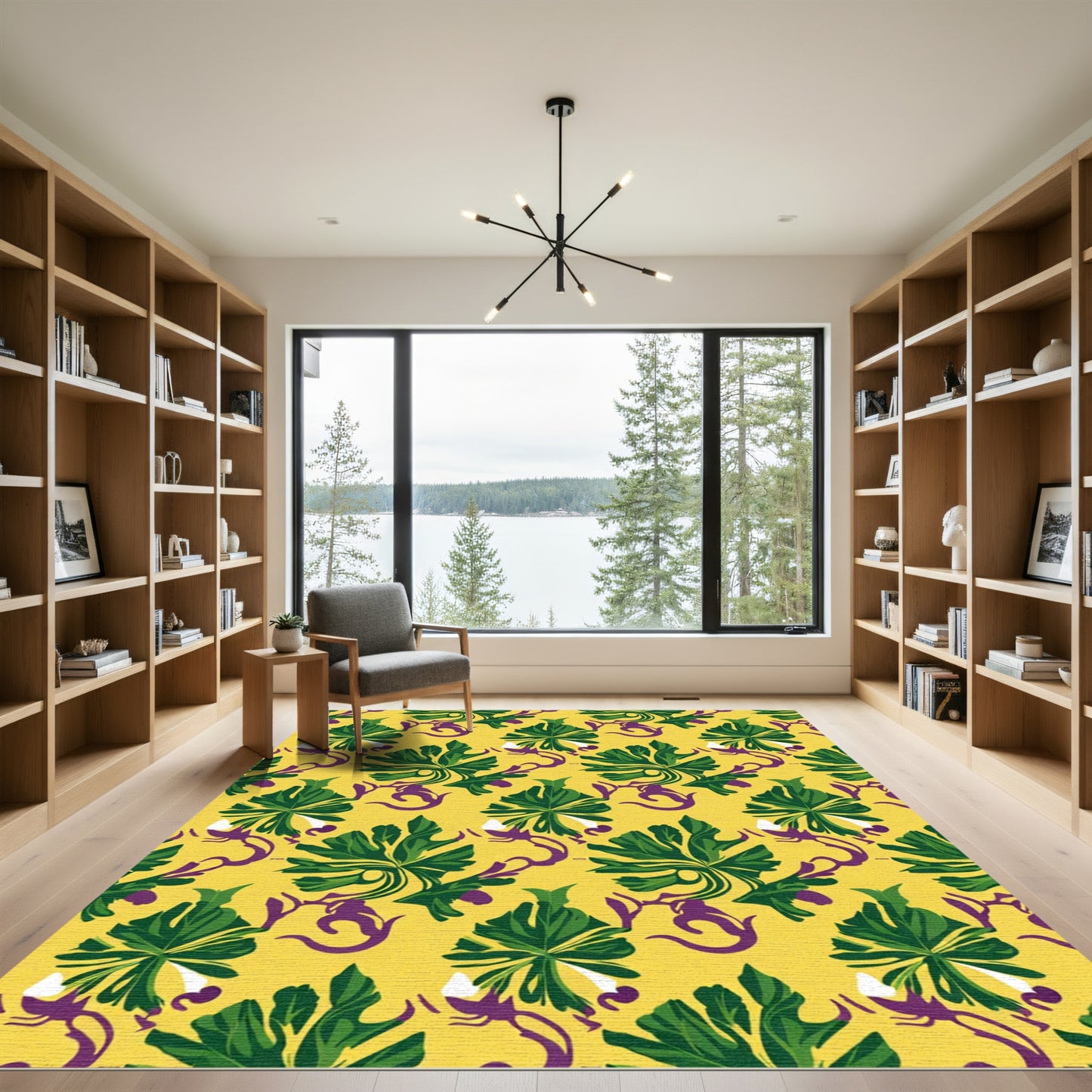 Tropical Green Leaf Swirls Yellow Rug