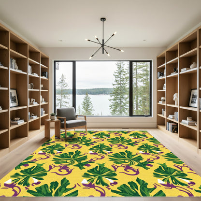 Tropical Green Leaf Swirls Yellow Rug