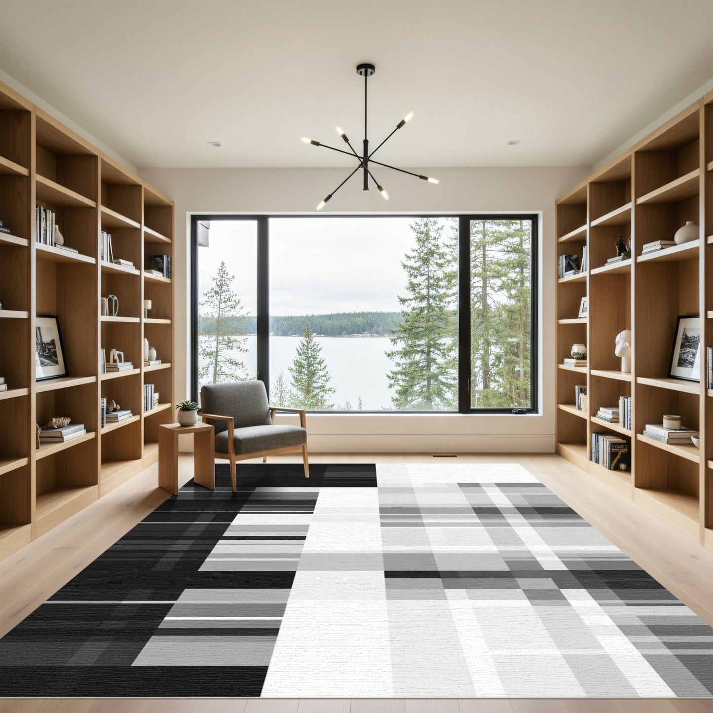 Monochrome Geometric Block Plaid Rug