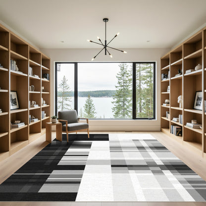 Monochrome Geometric Block Plaid Rug