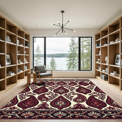 Rich Crimson Paisley Floral Border Rug
