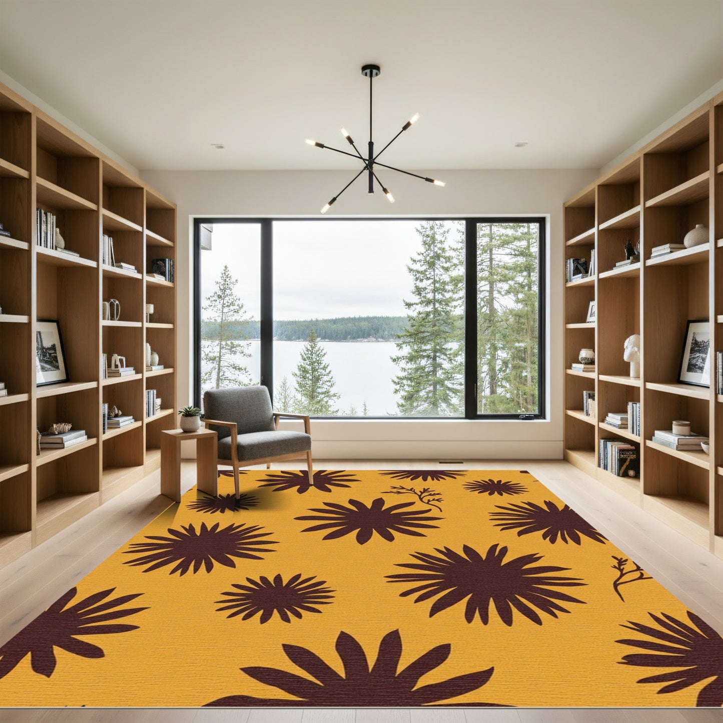Golden Brown Starburst Floral Arrangement Rug