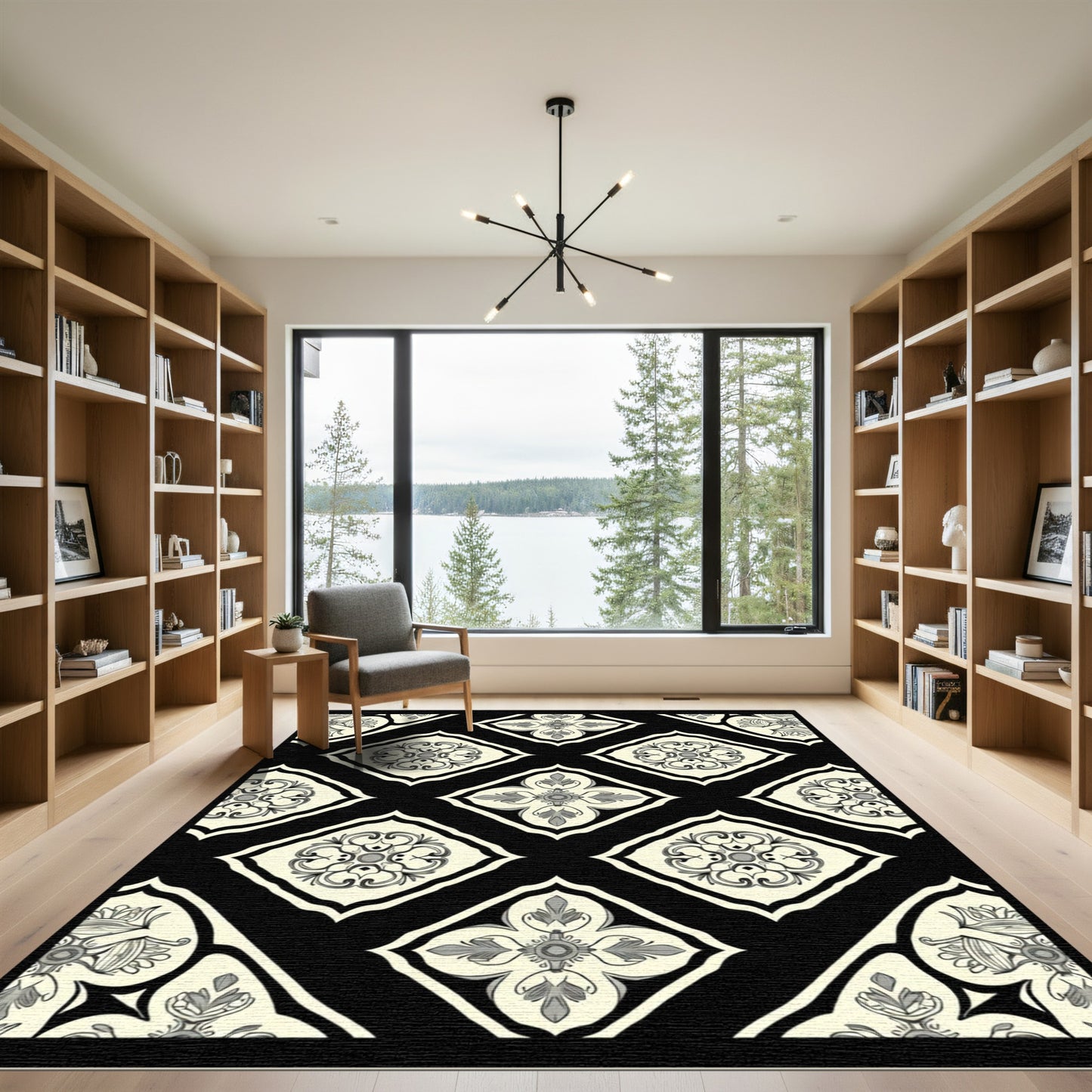 Classic Cream Black Floral Diamonds Rug