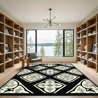 Classic Cream Black Floral Diamonds Rug