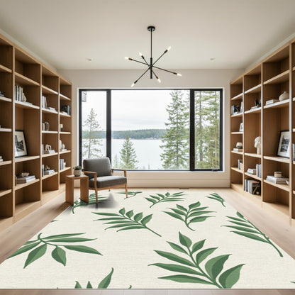 Green Leafy Branches on Cream Field Rug