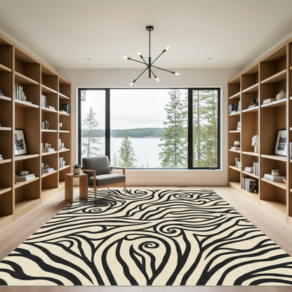 Bold Black Swirl Ivory Abstract Rug