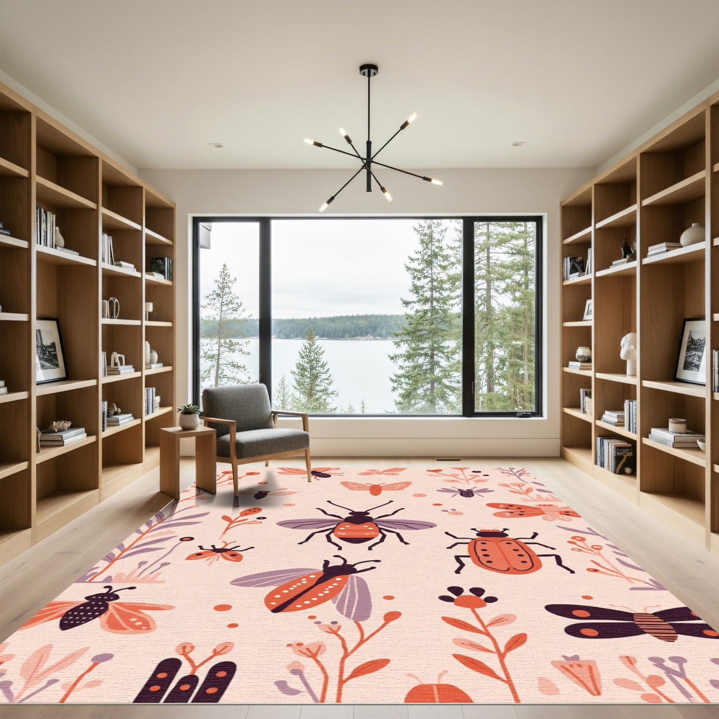 Whimsical Coral Bug Botanical Illustration Rug