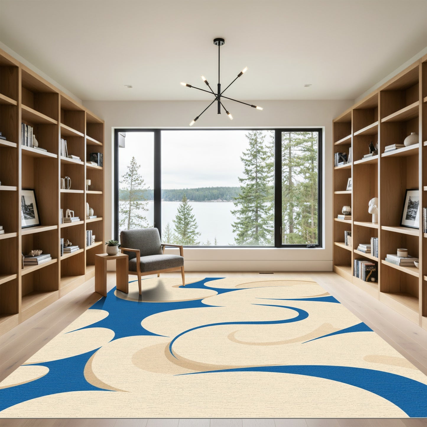 Modern Blue Cream Swirl Abstract Rug