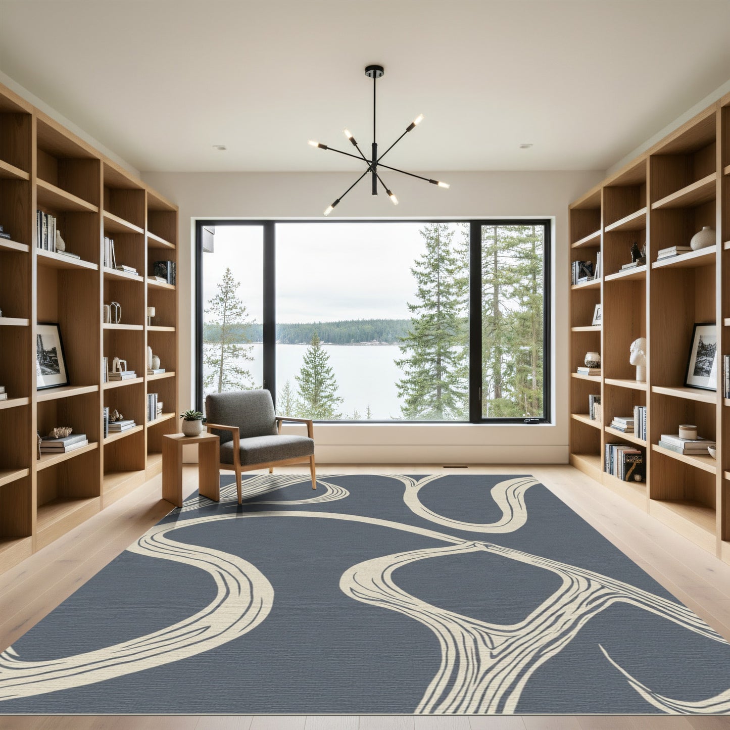 Cream Organic Flow on Gray Canvas Rug