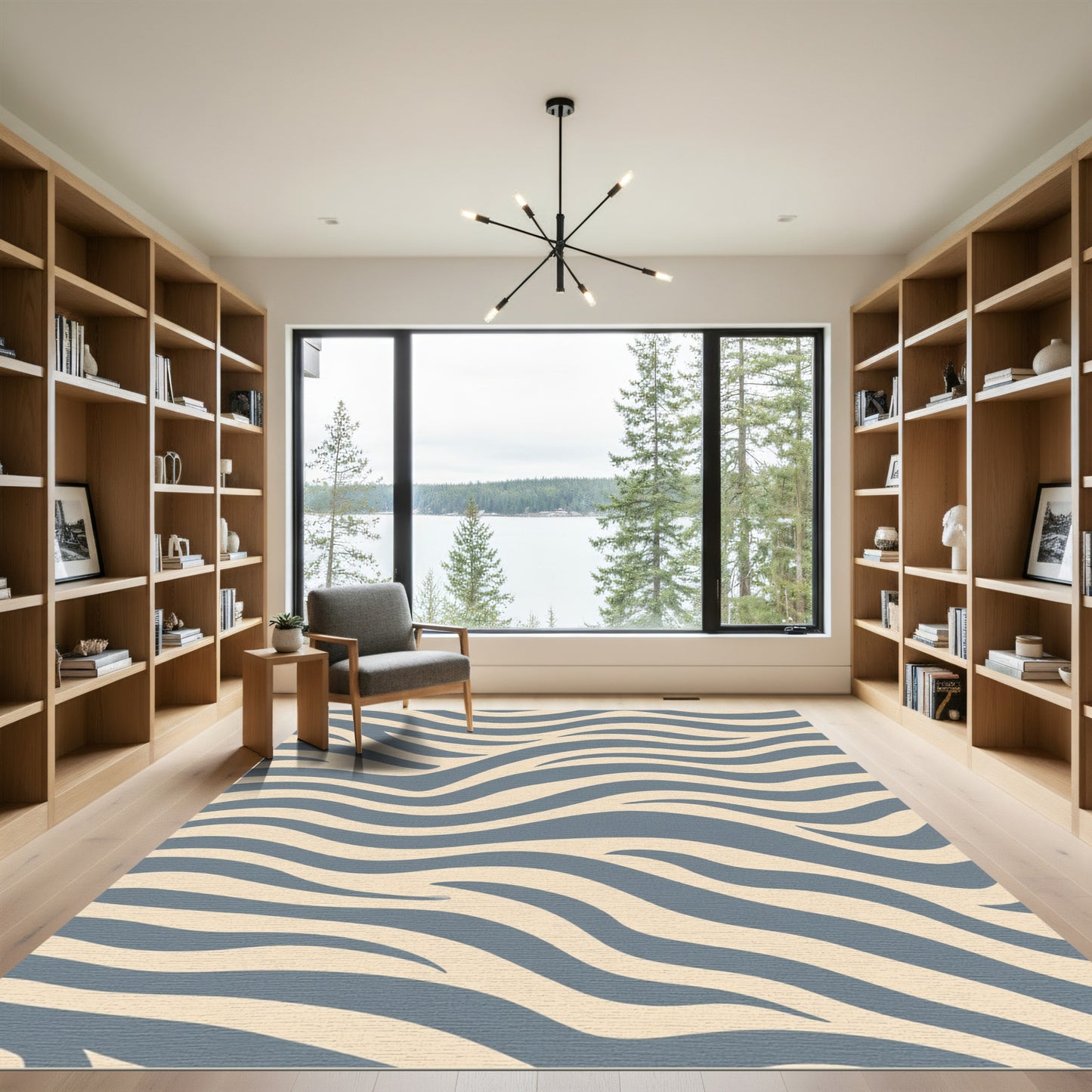 Beige Blue Abstract Zebra Waves Rug