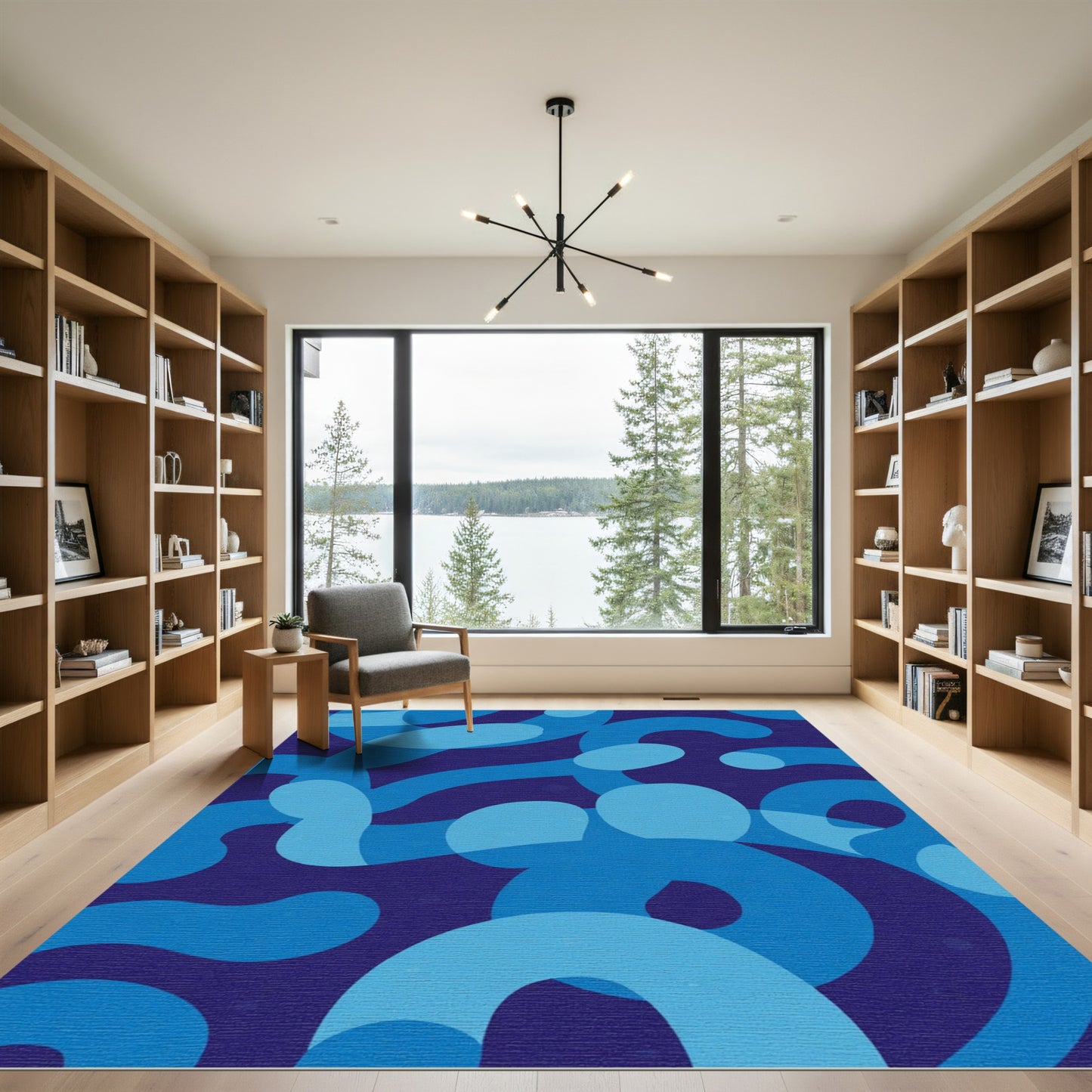 Deep Blue Curving Abstract Forms Rug
