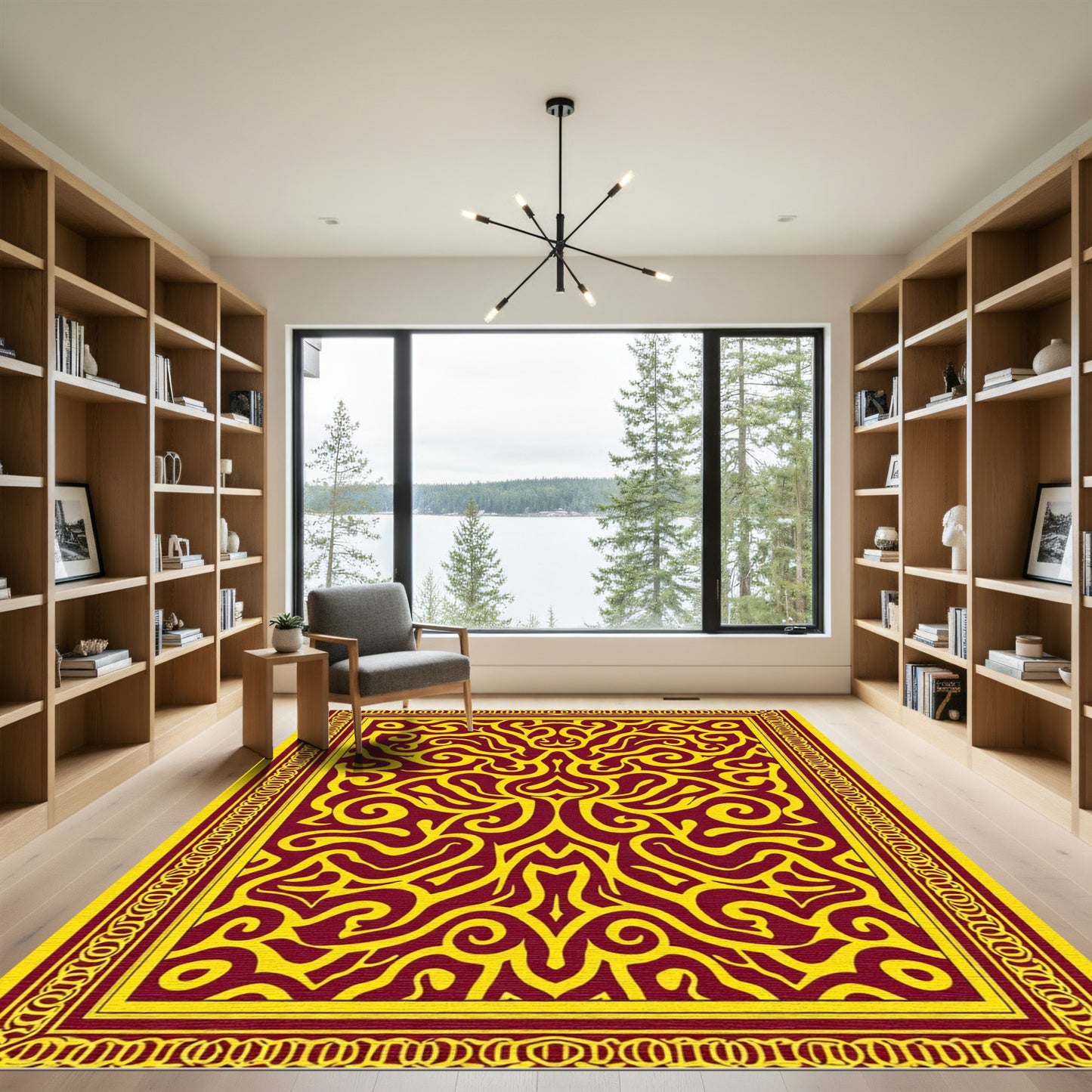 Crimson Yellow Abstract Swirl Emblem Rug