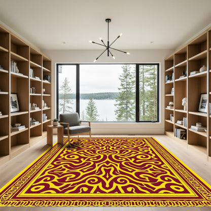 Crimson Yellow Abstract Swirl Emblem Rug
