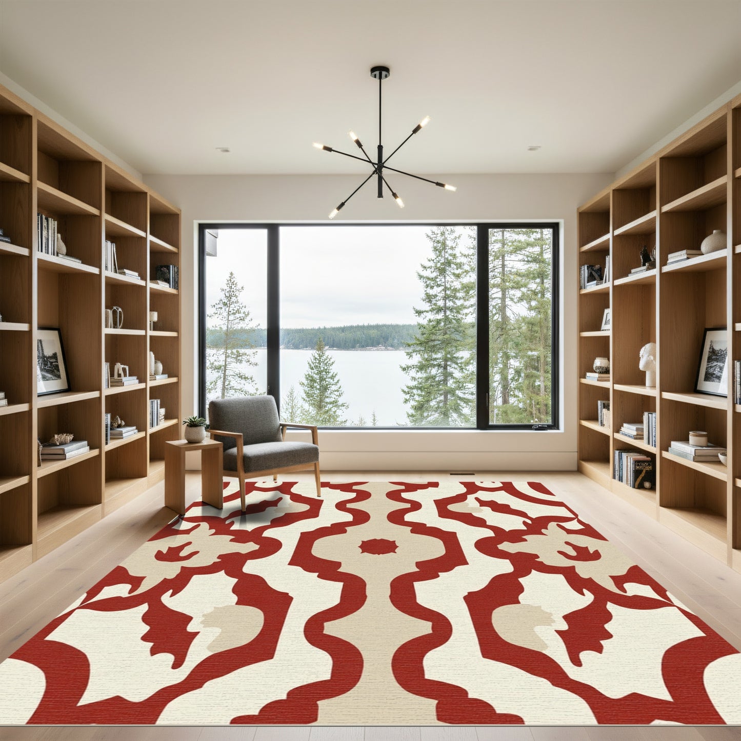 Crimson and Cream Arabesque Scroll Rug