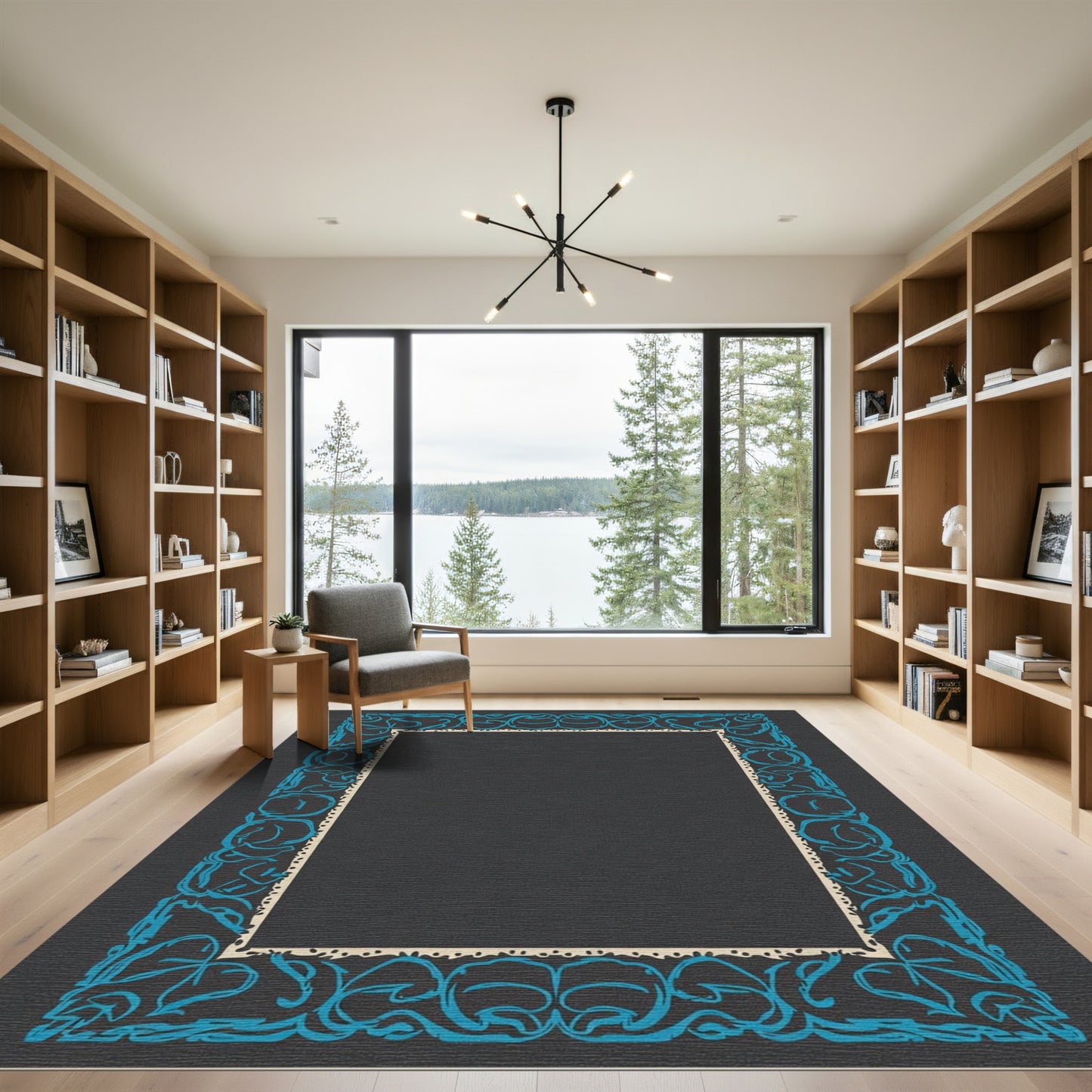 Ornate Teal Scroll Border Rug