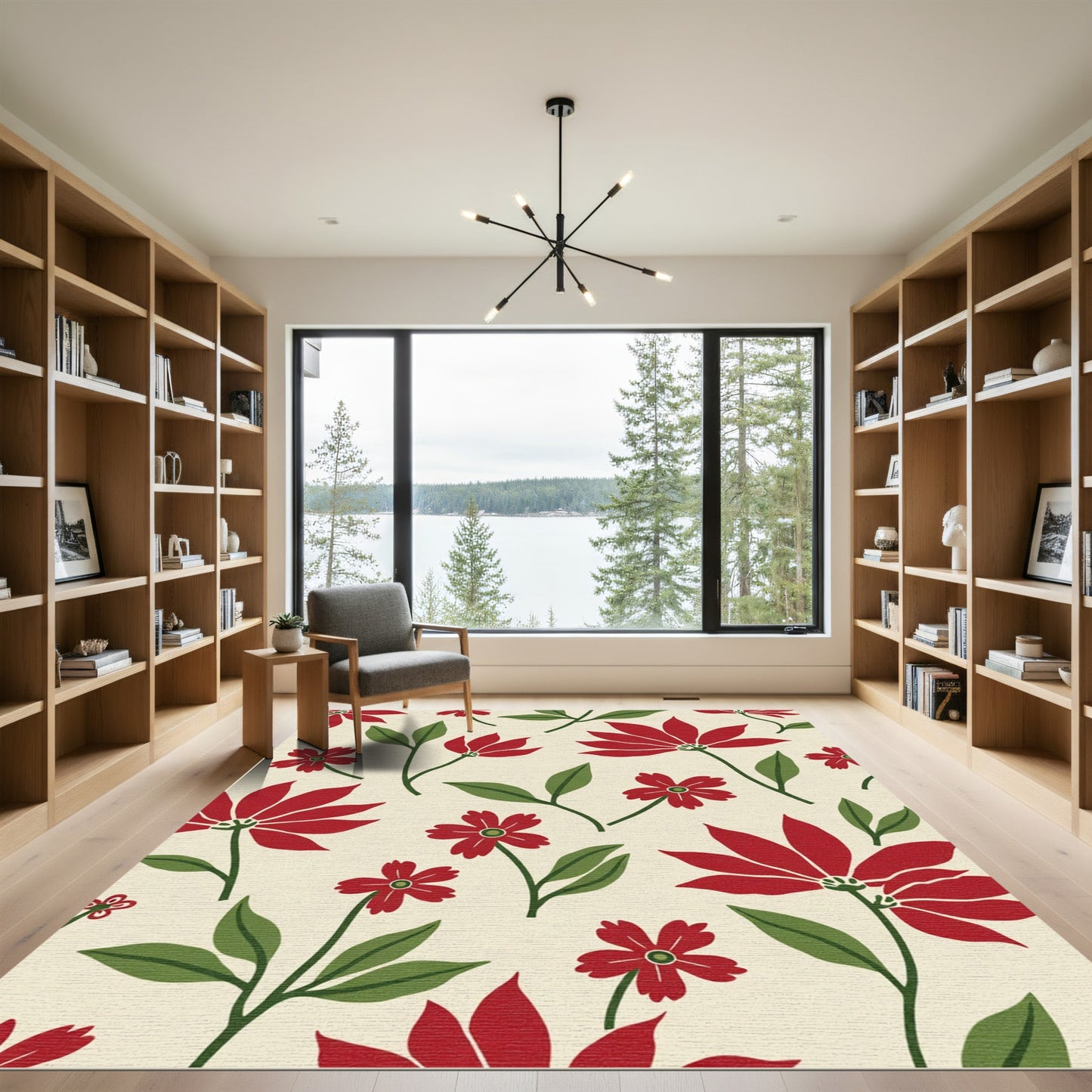 Crimson Blossoms Green Leaf Botanical Rug