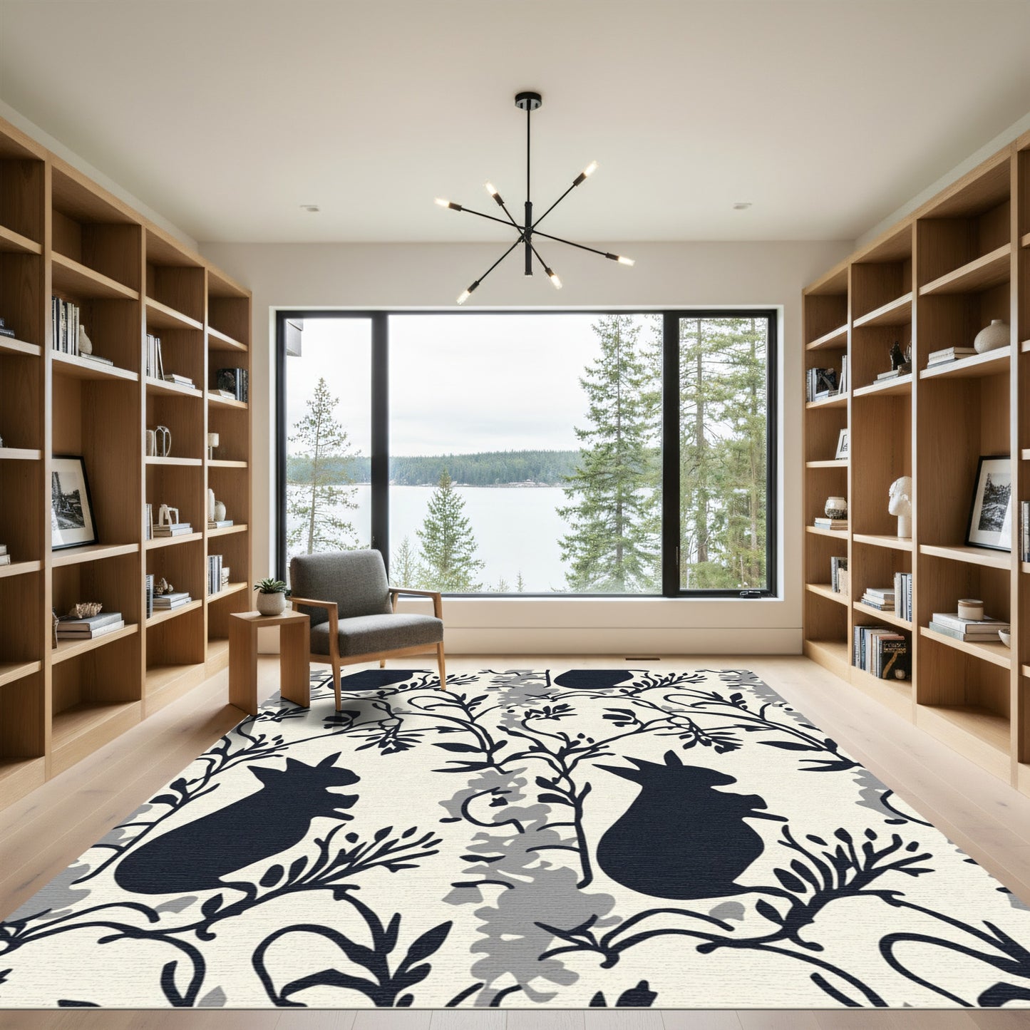 Dark Bunny Floral Cream Background Rug