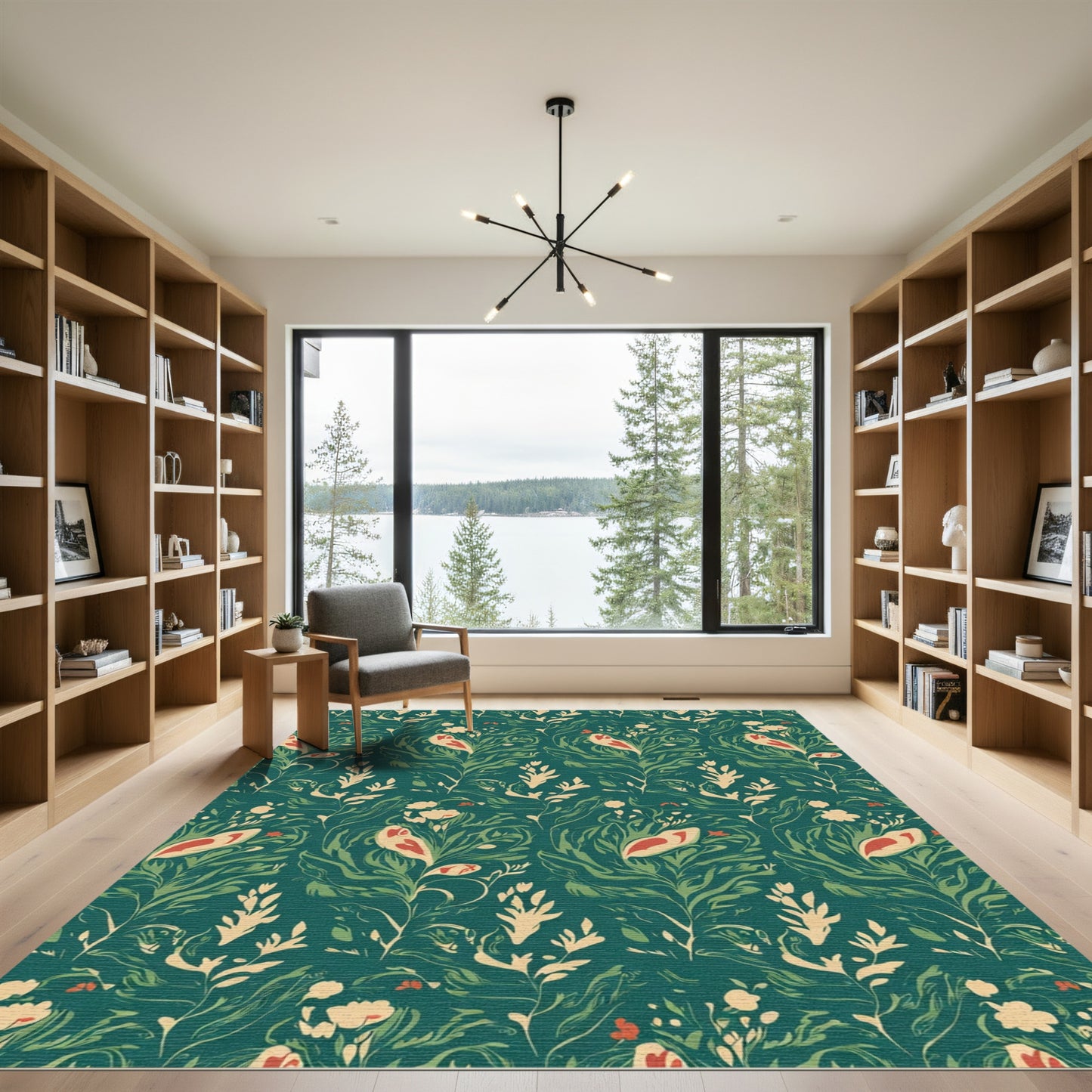 Green Teal Floral Bird Botanical Rug