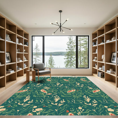 Green Teal Floral Bird Botanical Rug