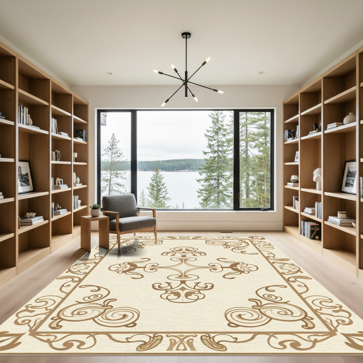 Beige Rococo Swirl Scroll Border Rug