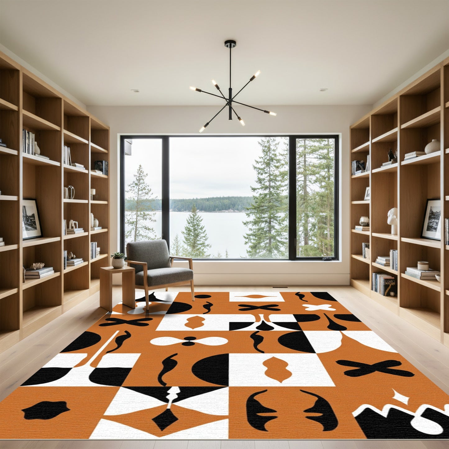 Modern Abstract Ochre Black White Shapes Rug