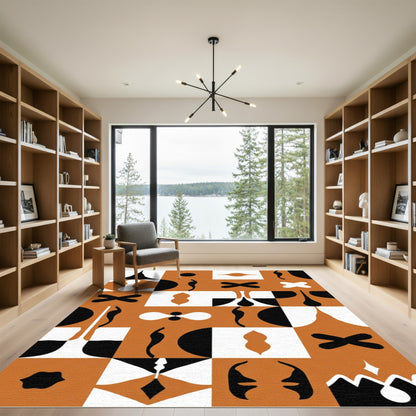 Modern Abstract Ochre Black White Shapes Rug