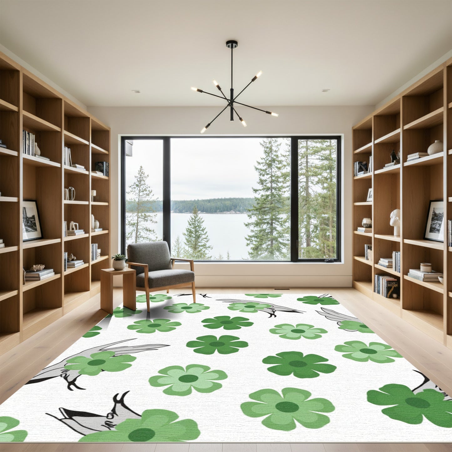Green Floral Bird Wing Pattern Rug