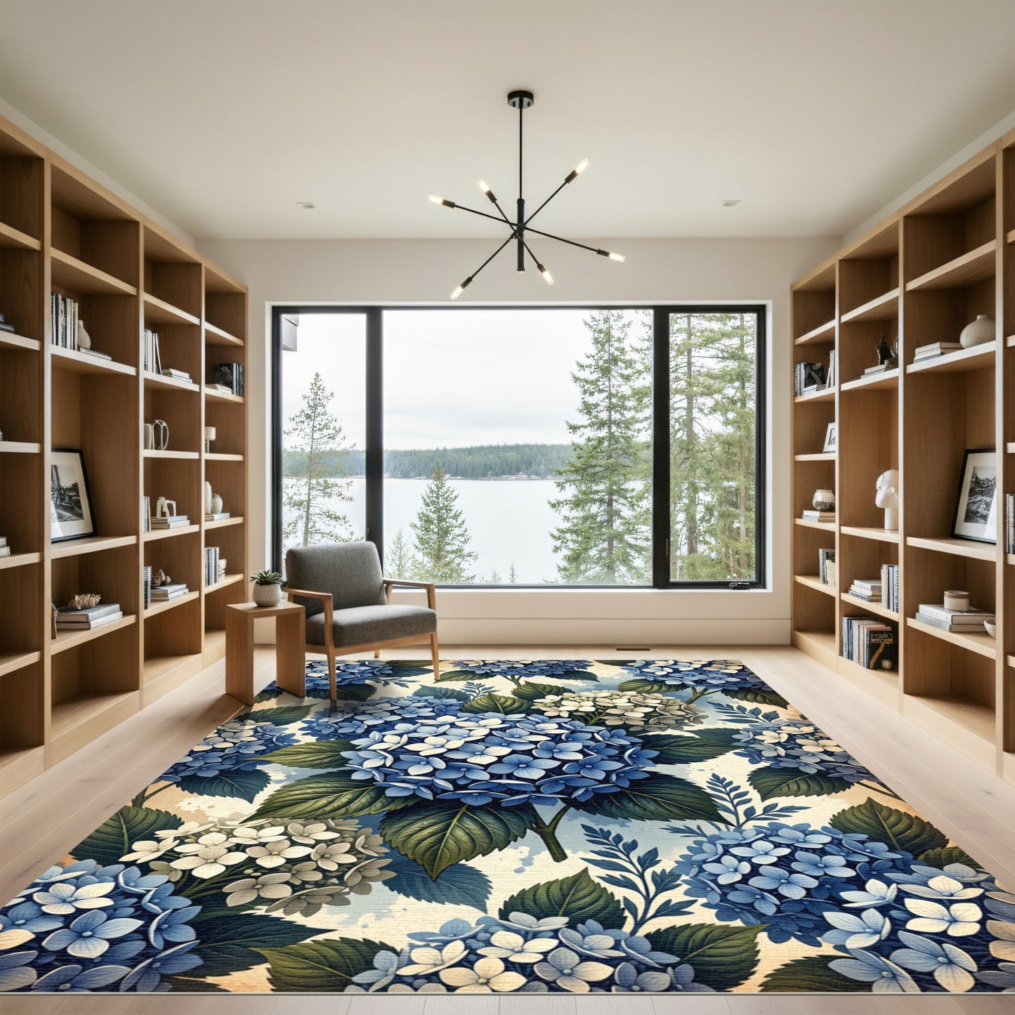Blue Hydrangea Blossom Garden Watercolor Rug
