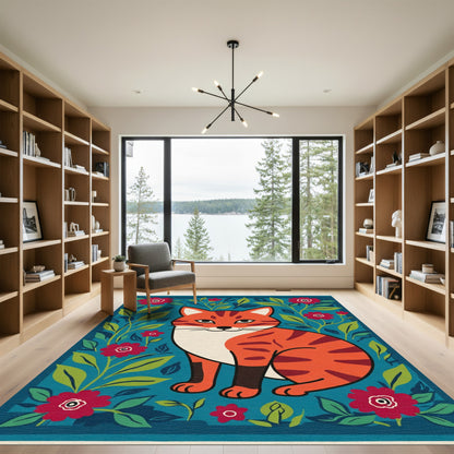 Whimsical Orange Tabby Floral Garden Rug