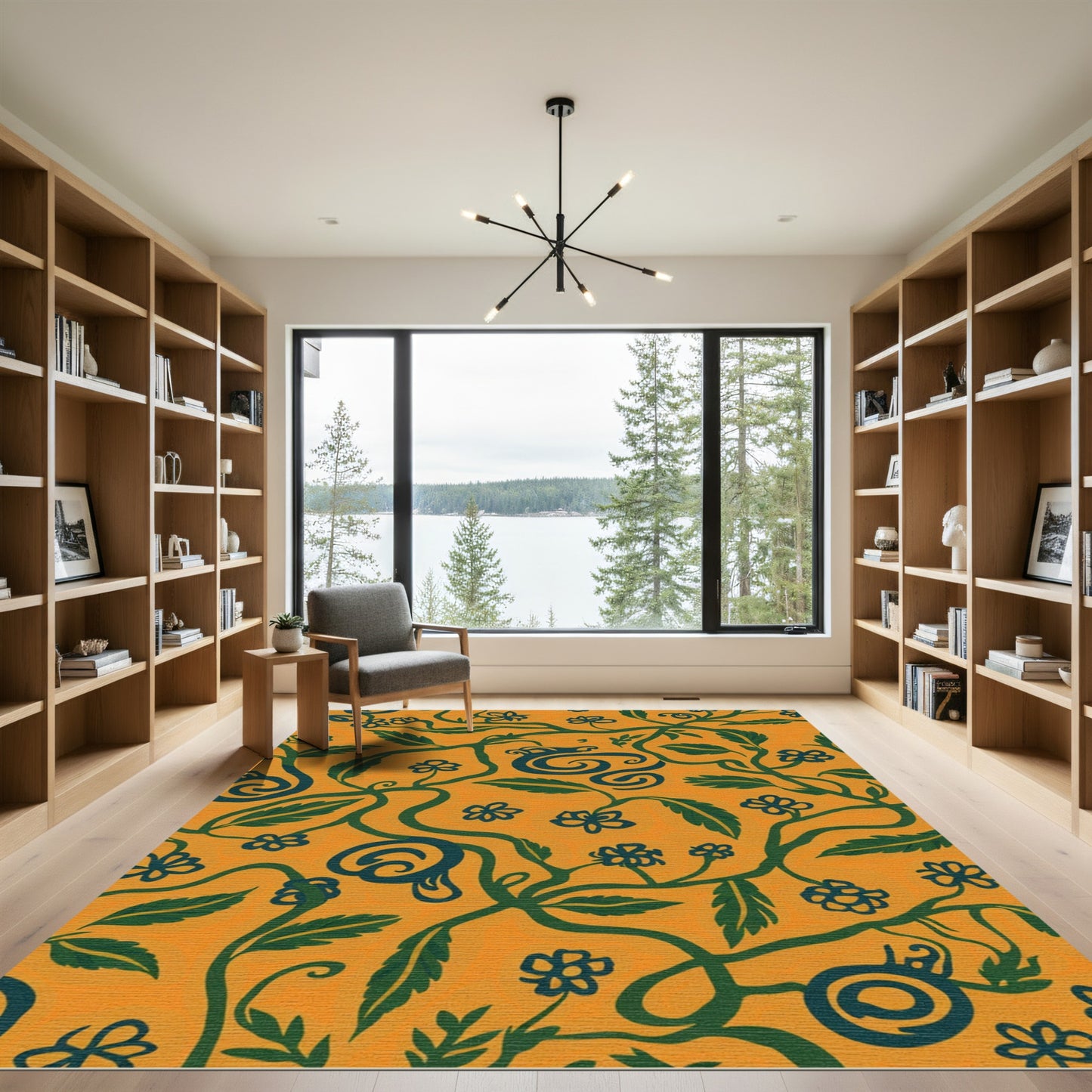 Golden Orange Floral Vine Swirl Rug