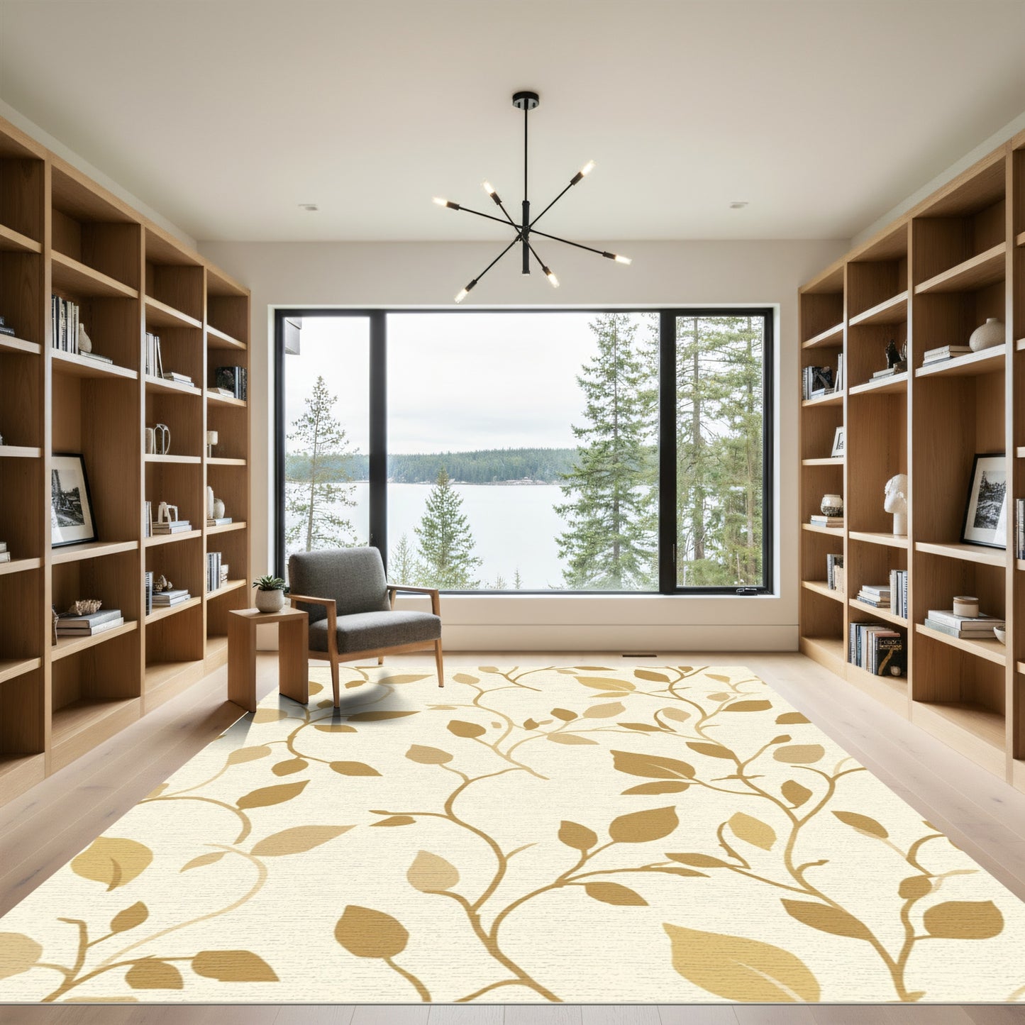 Golden Beige Vine Leaf Artwork Rug