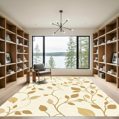 Golden Beige Vine Leaf Artwork Rug