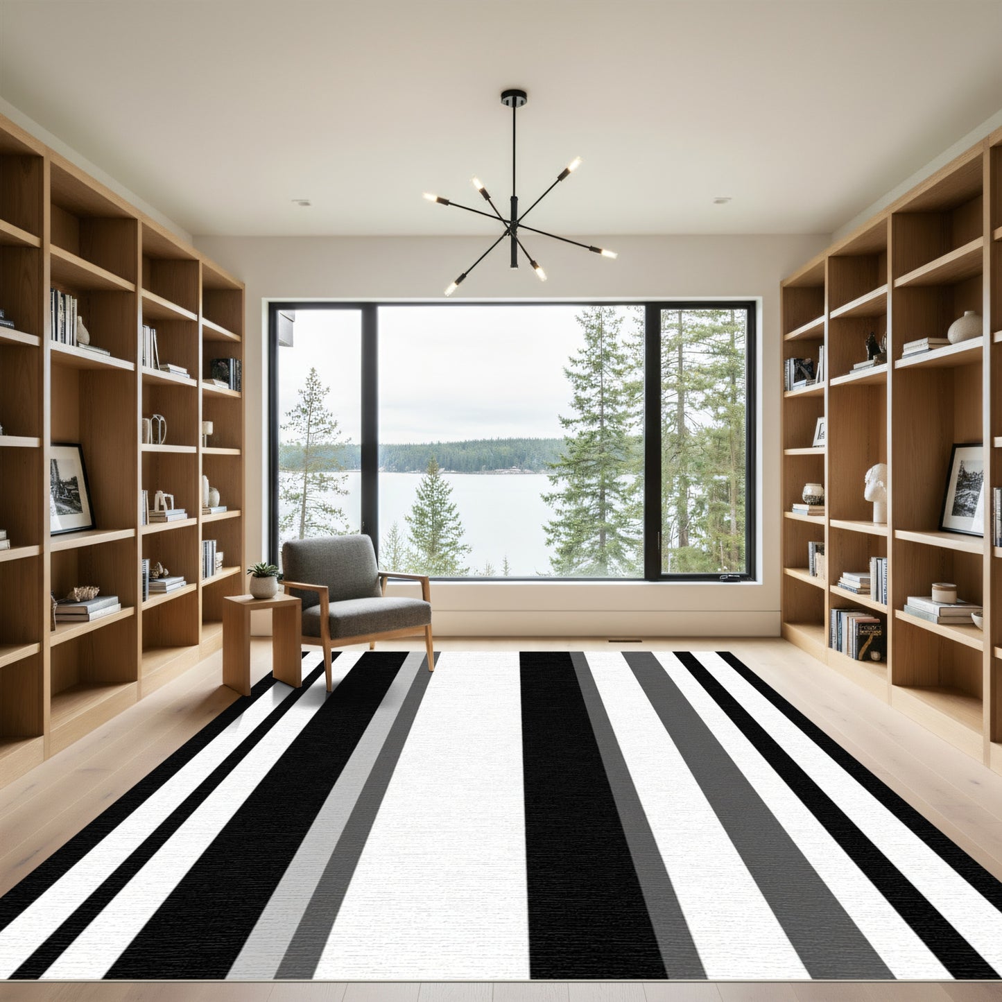 Modern Black White Gray Stripe Area Rug