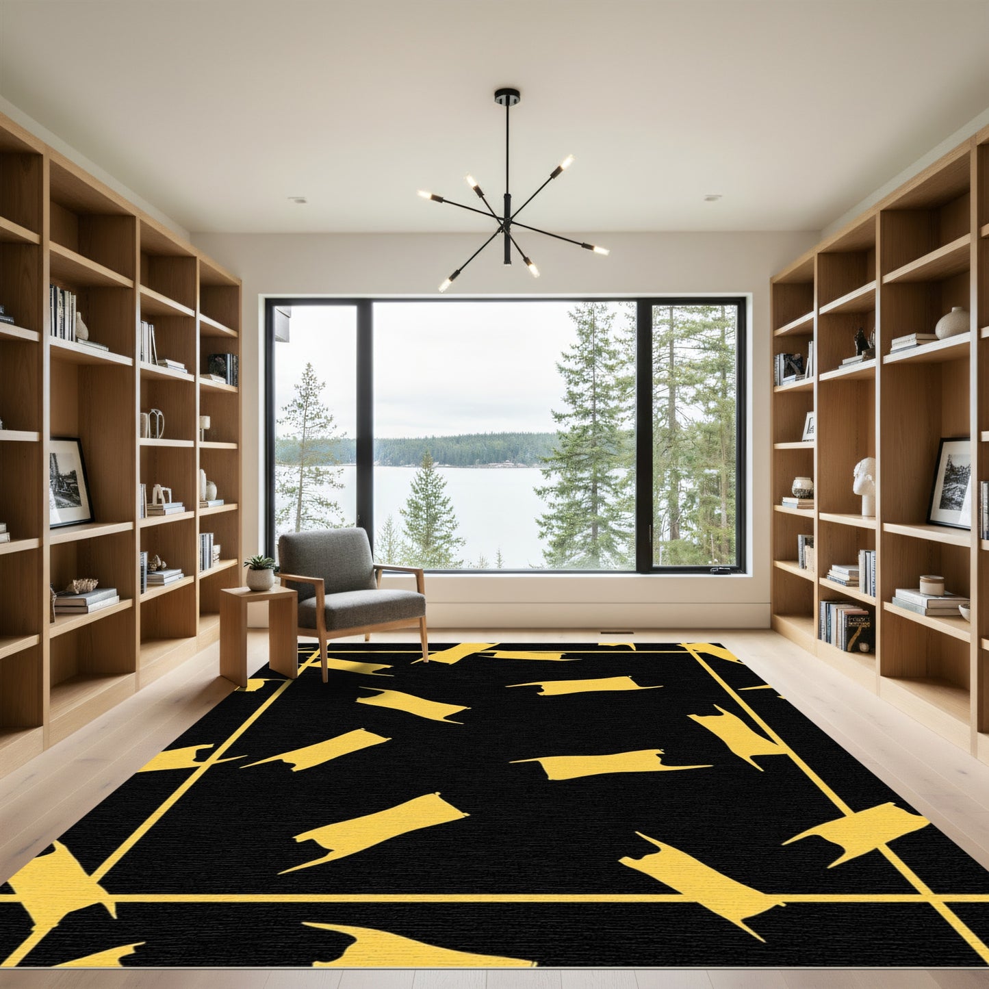 Gold Abstract Forms Black Rug