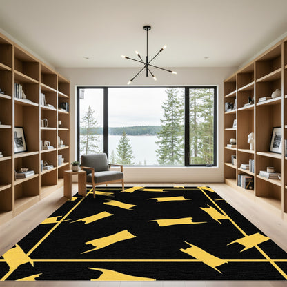 Gold Abstract Forms Black Rug