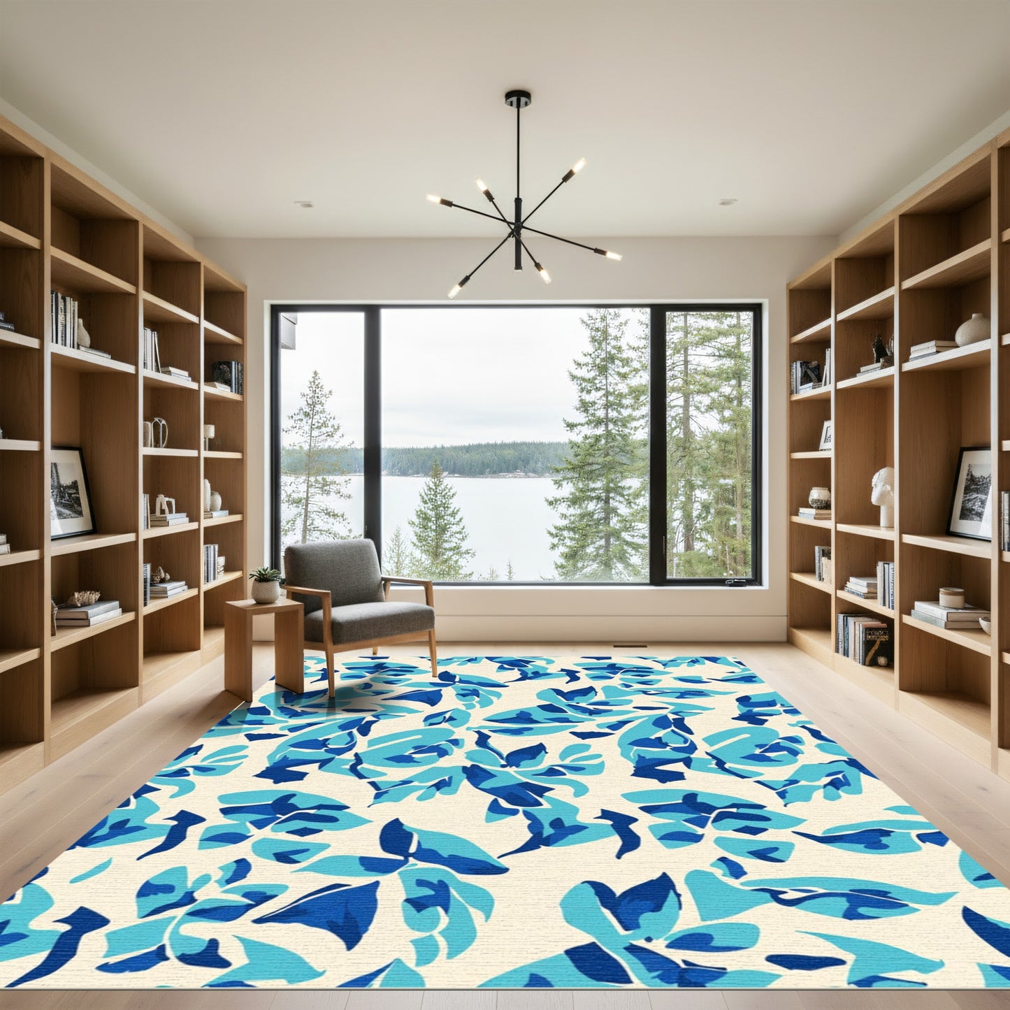 Abstract Blue Tropical Foliage Rug